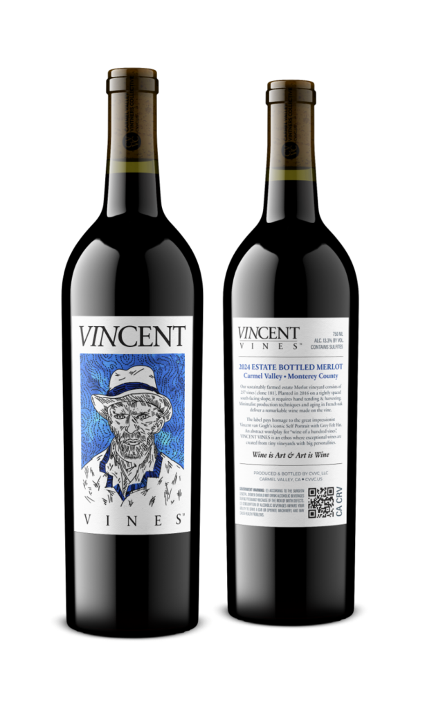 Front and back label of VINCENT VINES Estate Merlot