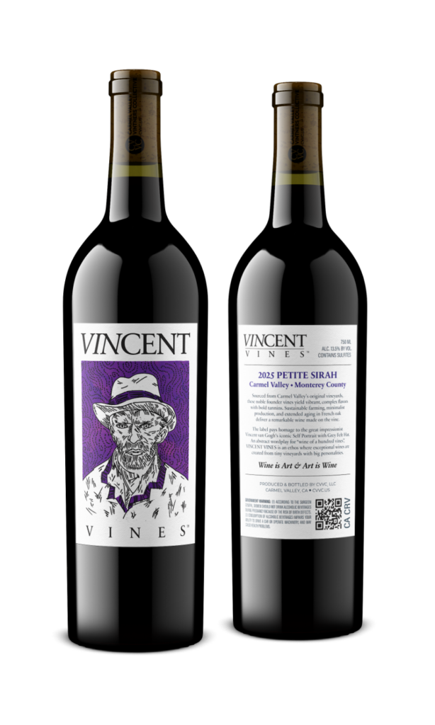 Front and back label of VINCENT VINES Petite Sirah