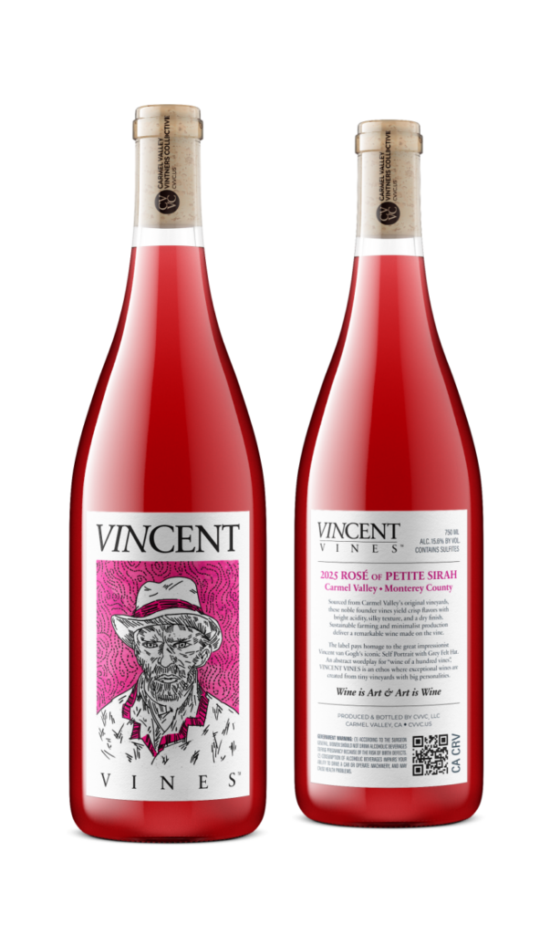 Front and back label of VINCENT VINES Rosé of Petite Sirah