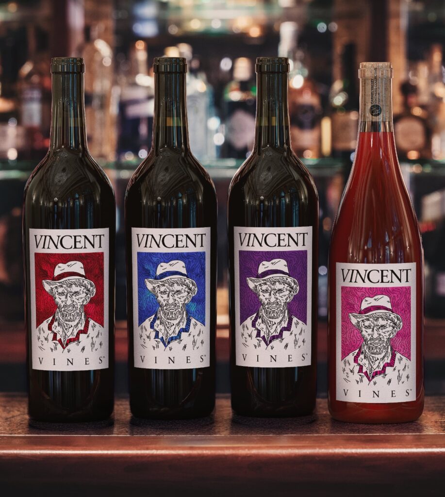 VINCENT VINES full lineup on bar top: Cabernet Sauvignon, Estate Merlot, Petite Sirah and Rosé of Petite Sirah