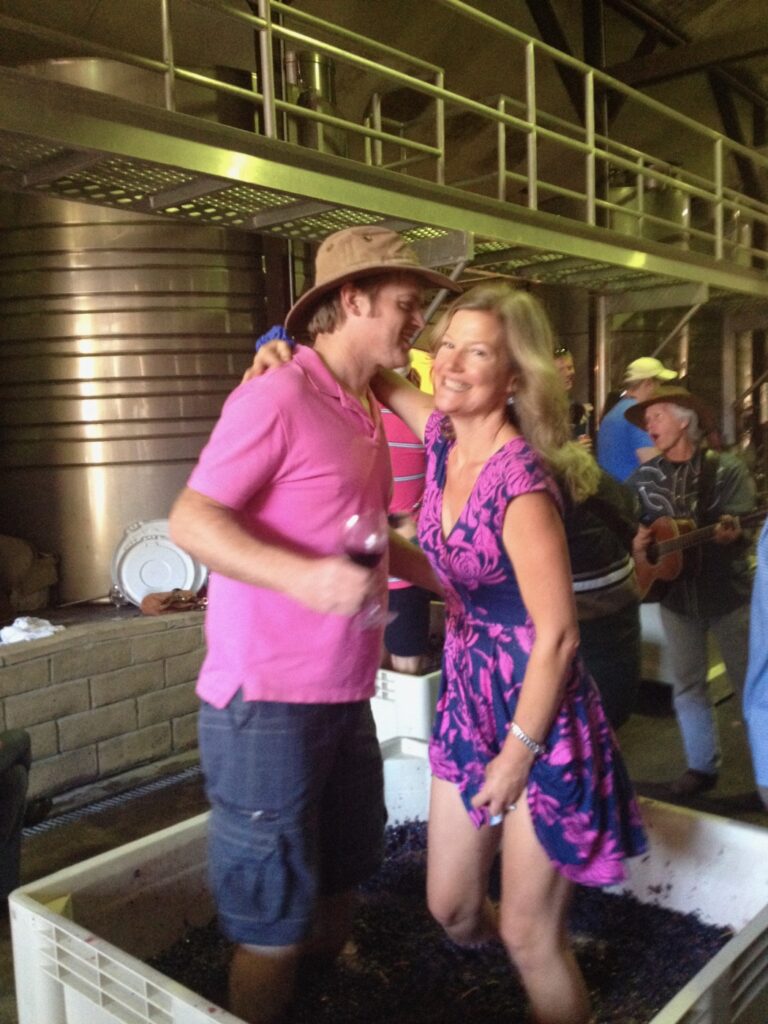 Daniel and Aubrey Duerr stomping grapes at Heller Estate vineyard, Carmel Valley 2014