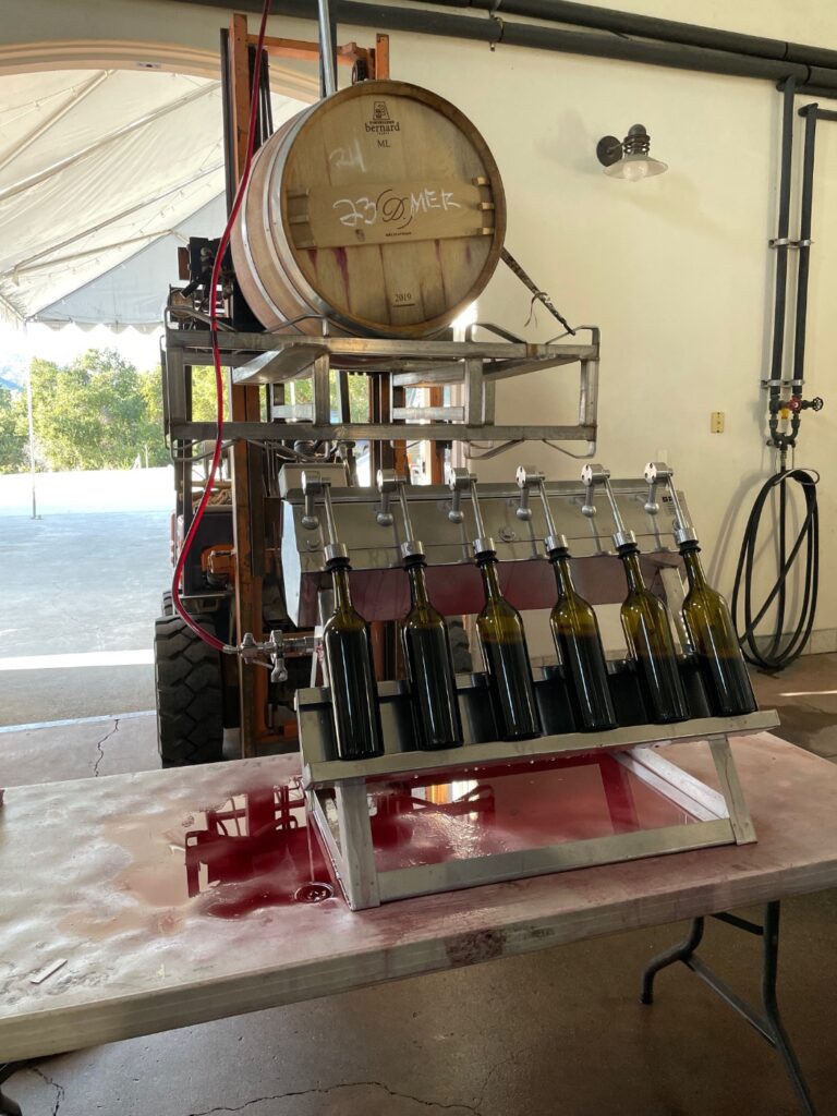 2023 VINCENT VINES Estate Merlot in barrel on forklift, gravity feeding hand bottling line